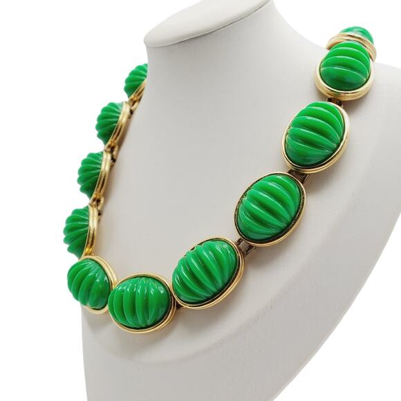 Monet Green Lucite Choker Vintage Oval Domed Acrylic Necklace Ribbed Melon - Picture 4 of 11
